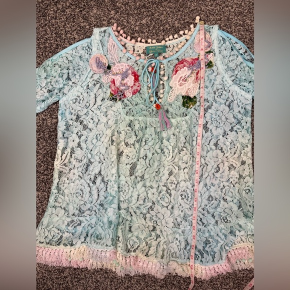 Antica Sartoria by giacomo cinque Aqua Lace Boho Embroidered Coachella Blouse M - Picture 8 of 8